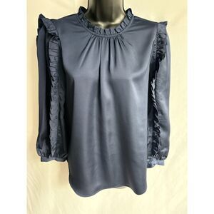 J. Crew Navy Blue Ruffle Long Sleeve Blouse Satin Crepe Size S Victorian Modest